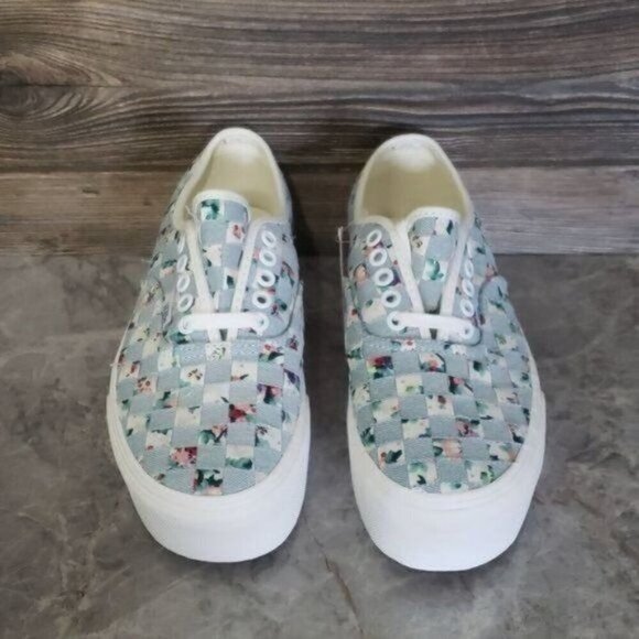 New Vans Authentic Stacked Woven Denim Floral Blue White Platform Shoes - Picture 3 of 8